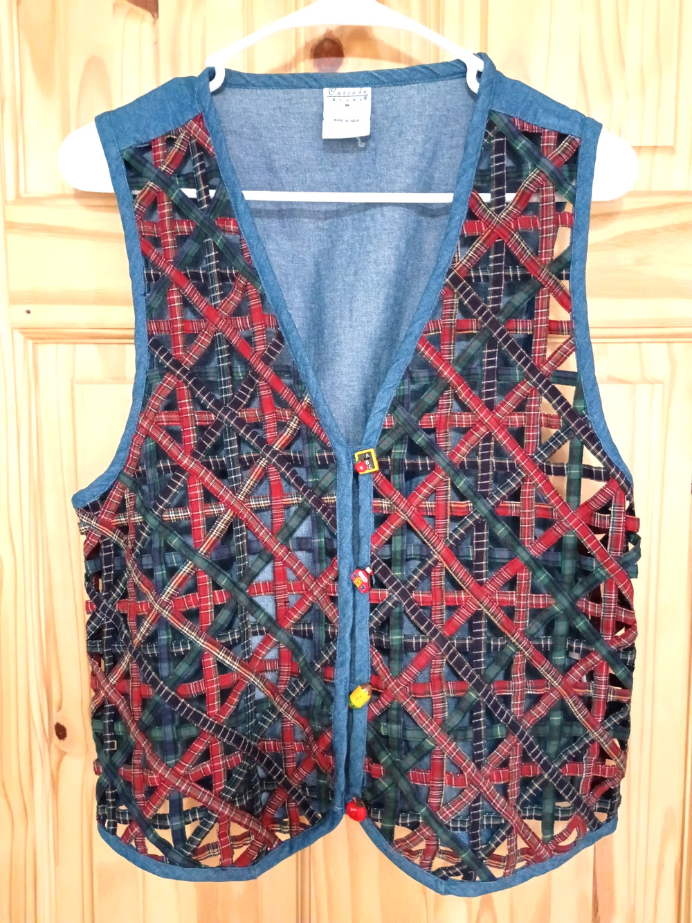 VTG Teacher Women Plaid Lattice Denim Button Vest Sz M Cotton Cascade Blues